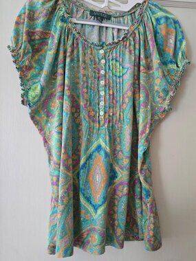 2X Lauren Ralph Lauren Paisley Tunic Top- Buttoned Neckline -Short Raglan Sleeve